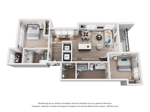 Floor plan for 2 beds, 2 baths, 1077 sqft